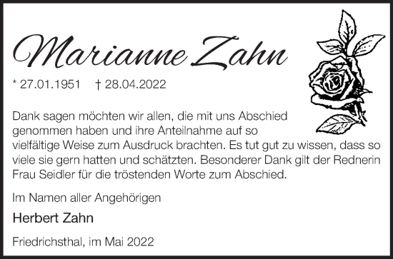 Traueranzeige von Marianne Zahn von Märkische Oderzeitung