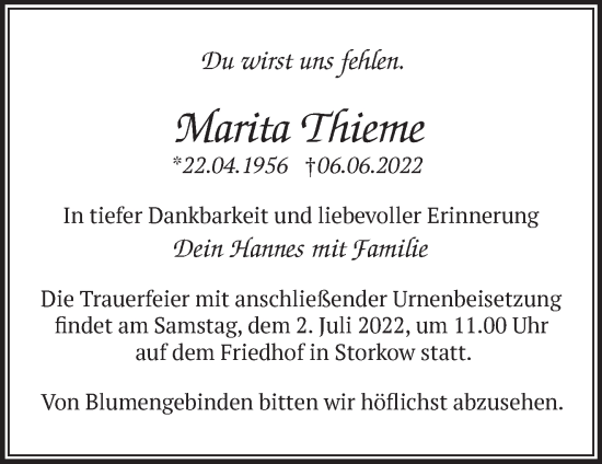 Traueranzeige von Marita Thieme von Märkische Oderzeitung