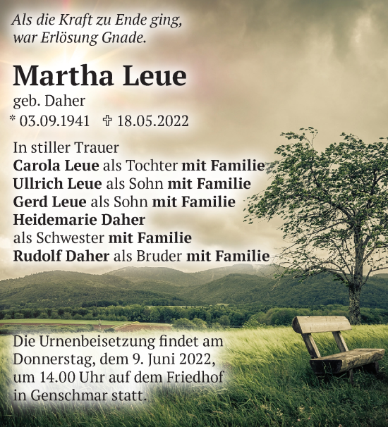 Traueranzeige von Martha Leue von Märkische Oderzeitung