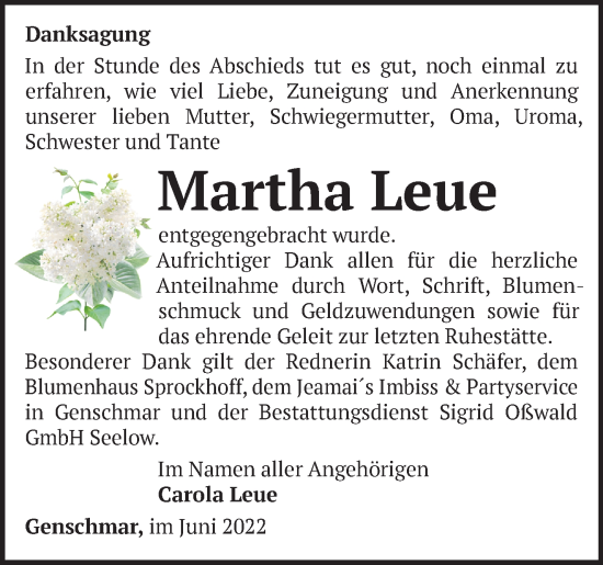 Traueranzeige von Martha Leue von Märkische Oderzeitung