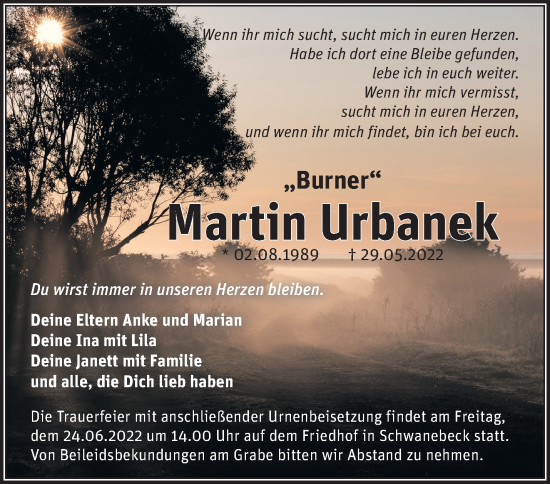 Traueranzeige von Martin Urbanek von Märkische Oderzeitung