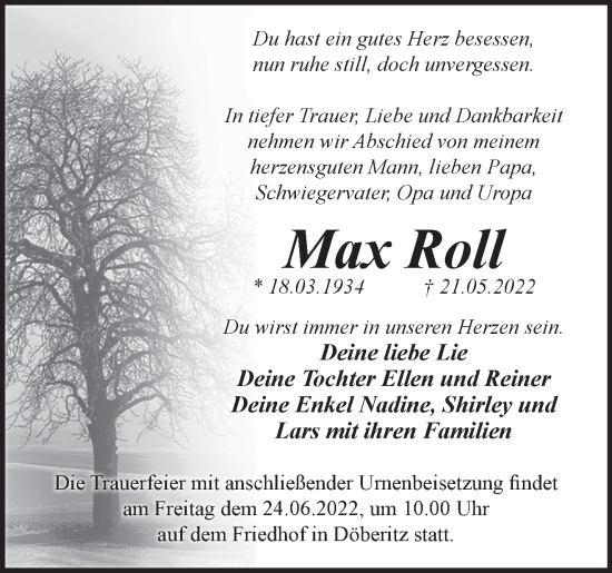 Traueranzeige von Max Roll von Märkische Oderzeitung