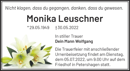 Traueranzeige von Monika Leuschner von Märkische Oderzeitung