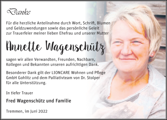 Traueranzeige von MutterAnnette Wagenschützsagen von Märkische Oderzeitung