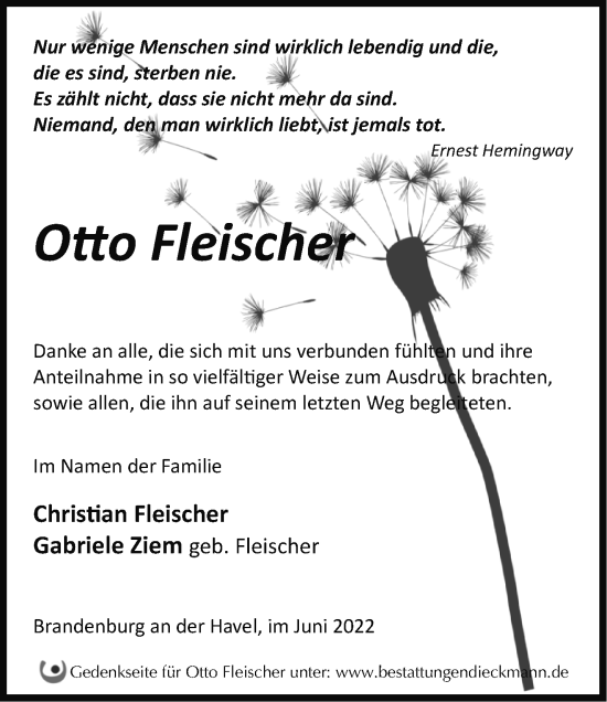 Traueranzeige von Otto Fleischer von Märkische Oderzeitung