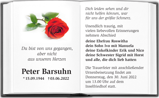 Traueranzeige von Peter Barsuhn von Märkische Oderzeitung