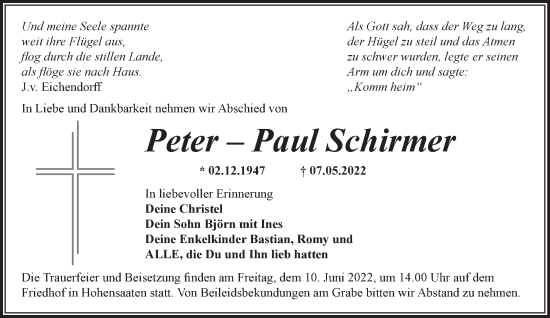 Traueranzeige von Peter-Paul Schirmer von Märkische Oderzeitung