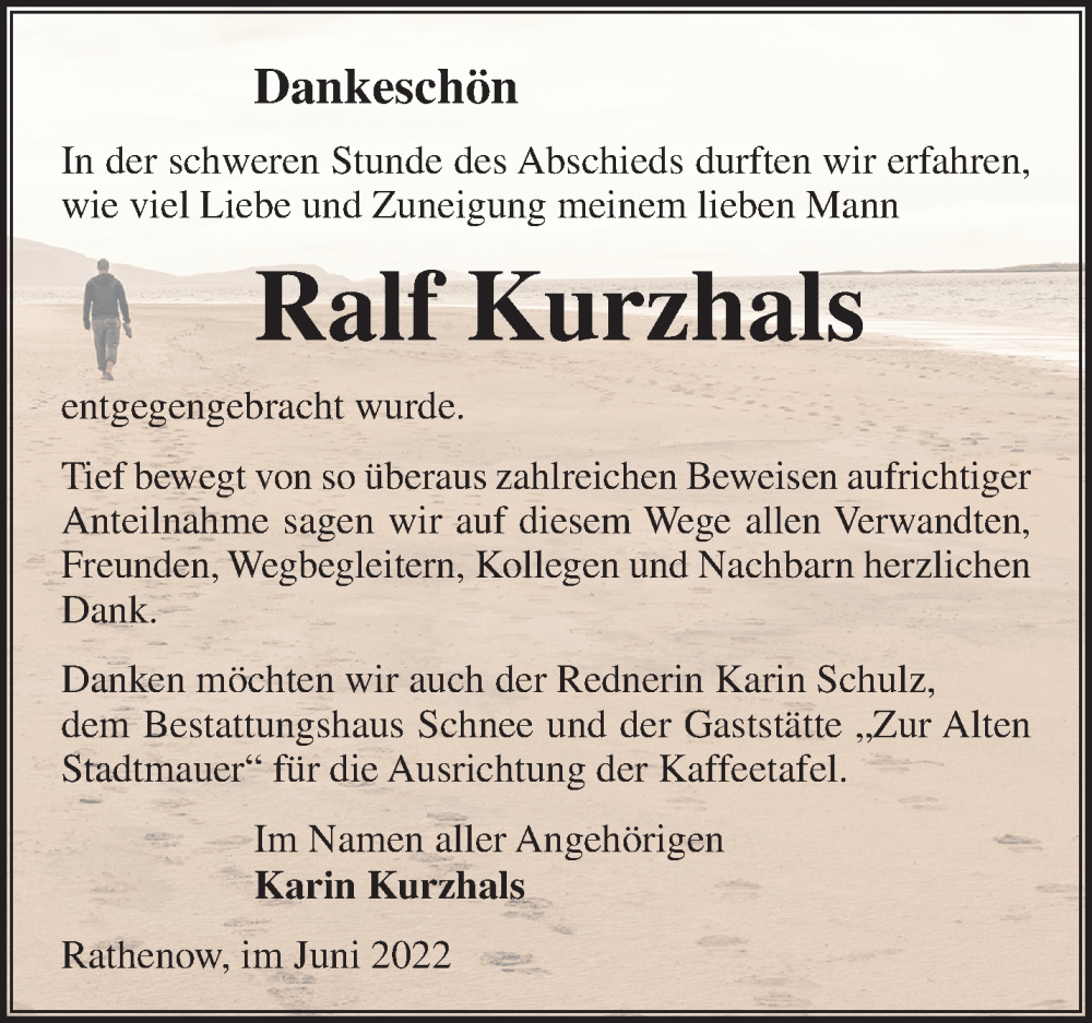  Traueranzeige für Ralf Kurzhals vom 19.06.2022 aus Märkische Oderzeitung