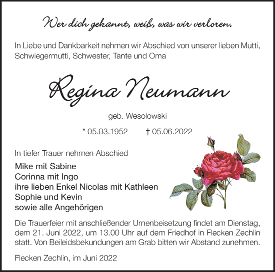 Traueranzeige von Regina Neumann von Märkische Oderzeitung