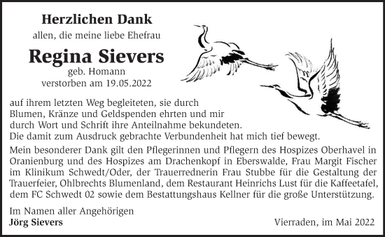 Traueranzeige von Regina Sievers von Märkische Oderzeitung