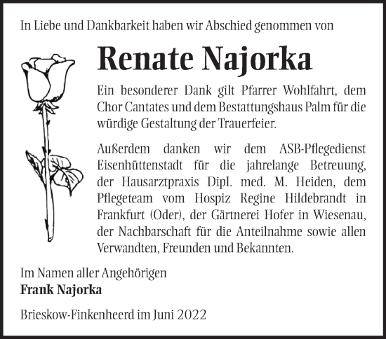 Traueranzeige von Renate Najorka von Märkische Oderzeitung