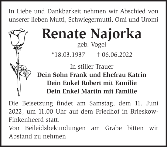 Traueranzeige von Renate Najorka von Märkische Oderzeitung