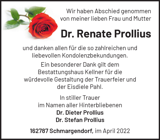 Traueranzeige von Renate Prollius von Märkische Oderzeitung