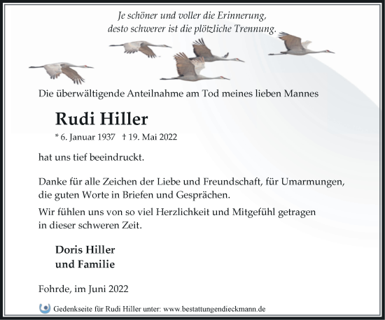 Traueranzeige von Rudi Hiller von Märkische Oderzeitung