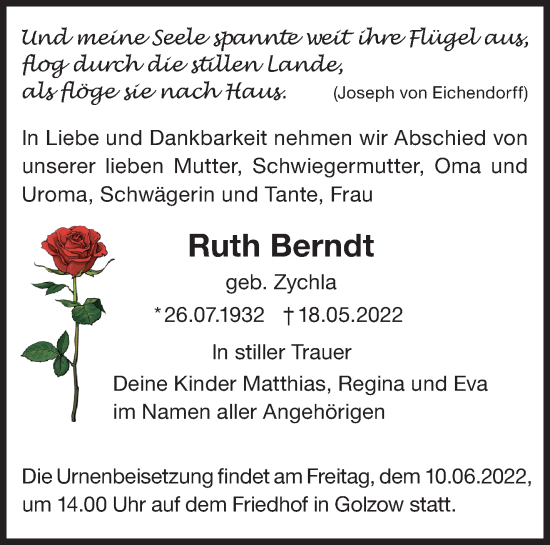 Traueranzeige von Ruth Berndt von Märkische Oderzeitung