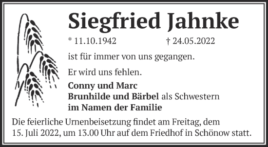 Traueranzeige von Siegfried Jahnke von Märkische Oderzeitung