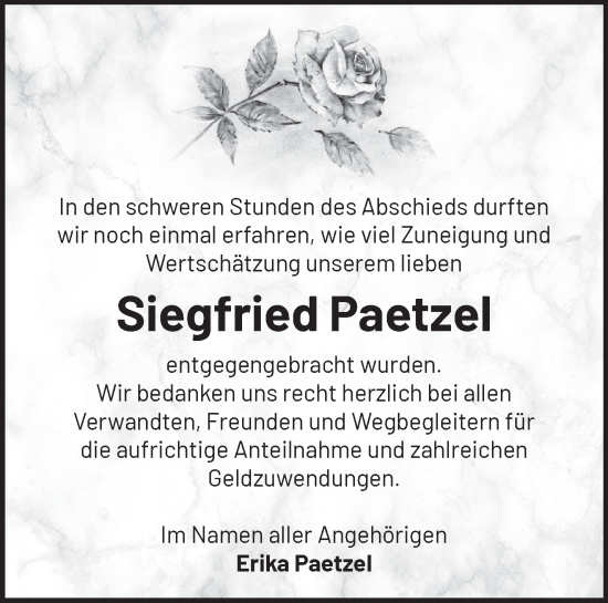 Traueranzeige von Siegfried Paetzel von Märkische Oderzeitung