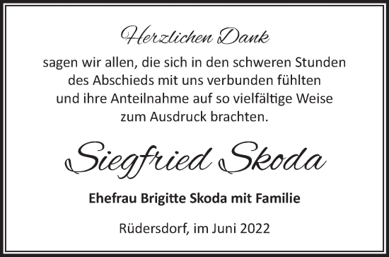 Traueranzeige von Siegfried Skoda von Märkische Oderzeitung