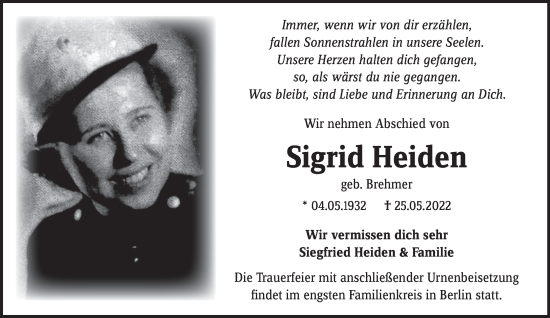 Traueranzeige von Sigrid Heiden von Märkische Oderzeitung