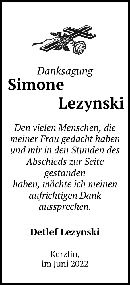 Traueranzeige von Simone Lezynski von Märkische Oderzeitung