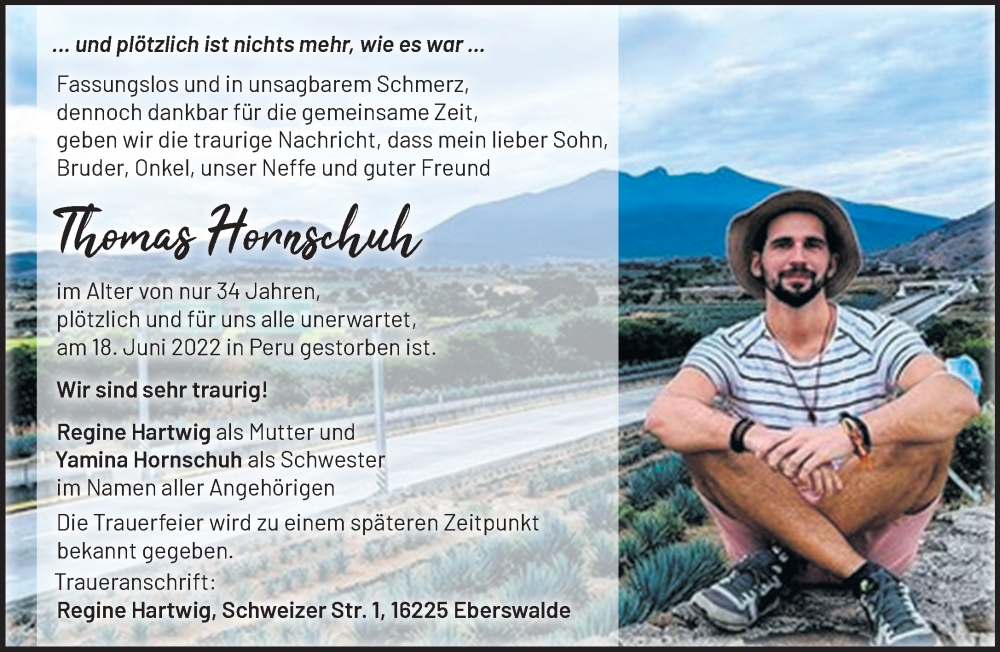  Traueranzeige für Thomas Hornschuh vom 25.06.2022 aus Märkische Oderzeitung