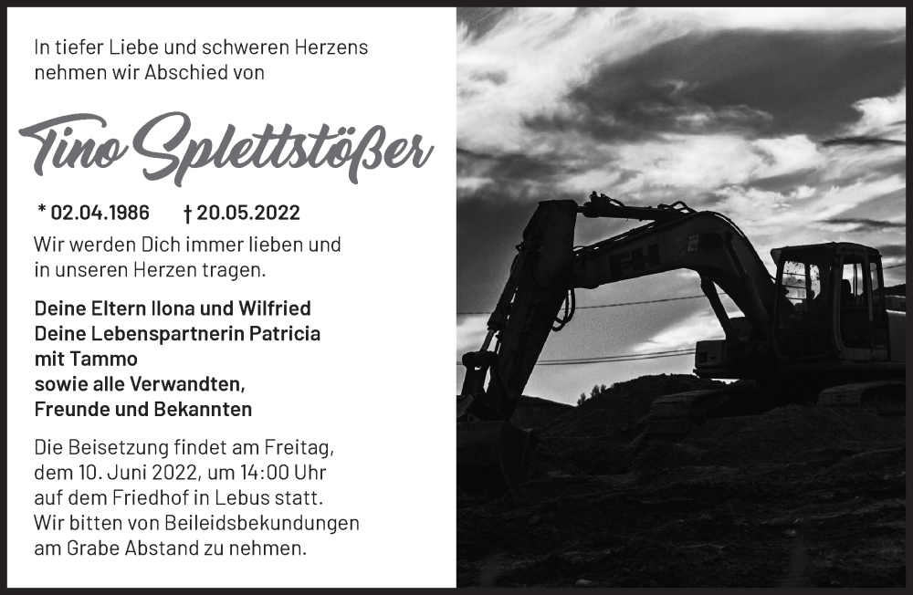  Traueranzeige für Tino Splettstößer vom 05.06.2022 aus Märkische Oderzeitung