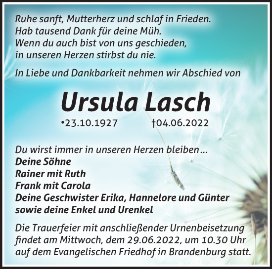 Traueranzeige von Ursula Lasch von Märkische Oderzeitung