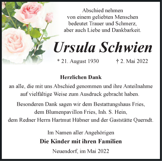 Traueranzeige von Ursula Schwien von Märkische Oderzeitung