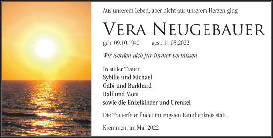 Traueranzeige von Vera Neugebauer von Märkische Oderzeitung