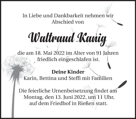 Traueranzeige von Waltraud Kanig von Märkische Oderzeitung