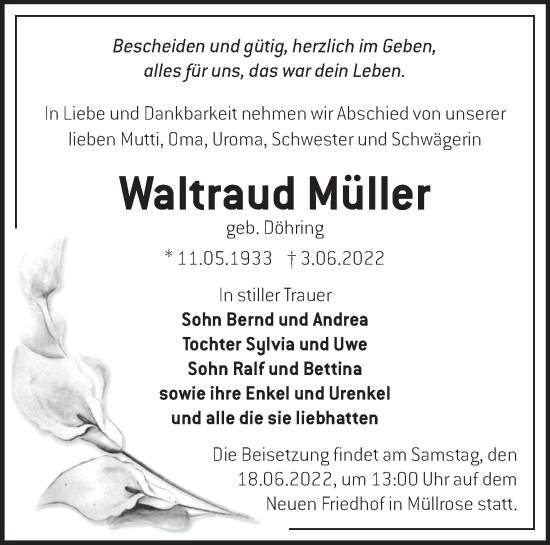 Traueranzeige von Waltraud Müller von Märkische Oderzeitung