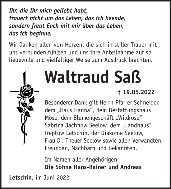 Traueranzeige von Waltraud Saß von Märkische Oderzeitung