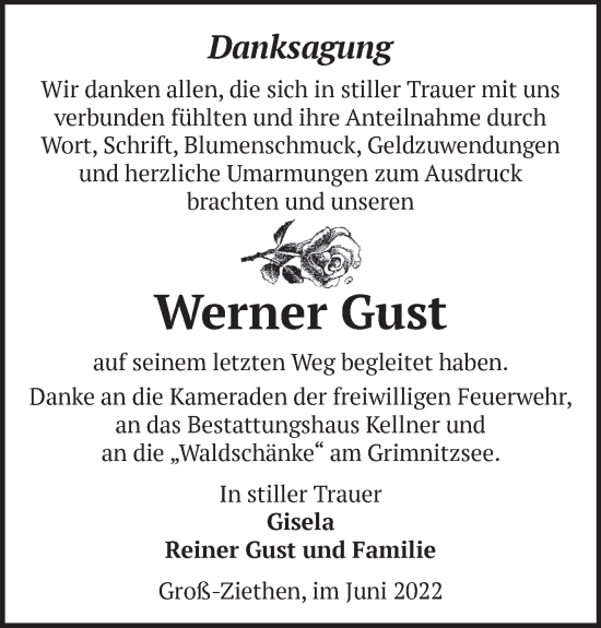 Traueranzeige von Werner Gust von Märkische Oderzeitung