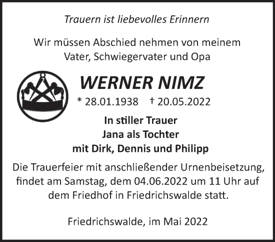 Traueranzeige von Werner Nimz von Märkische Oderzeitung