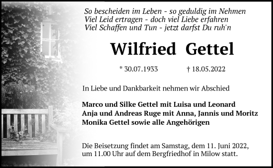Traueranzeige von Wilfried Gettel von Märkische Oderzeitung