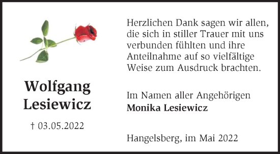 Traueranzeige von Wolfgang Lesiewicz von Märkische Oderzeitung