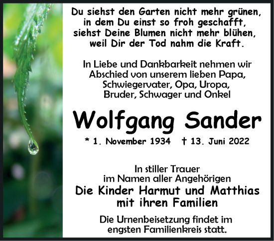 Traueranzeige von Wolfgang Sander von Märkische Oderzeitung