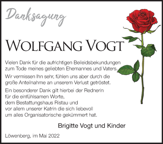 Traueranzeige von Wolfgang Vogt von Märkische Oderzeitung