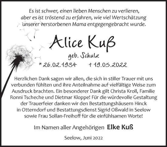 Traueranzeige von Alice Kuß von Märkische Oderzeitung