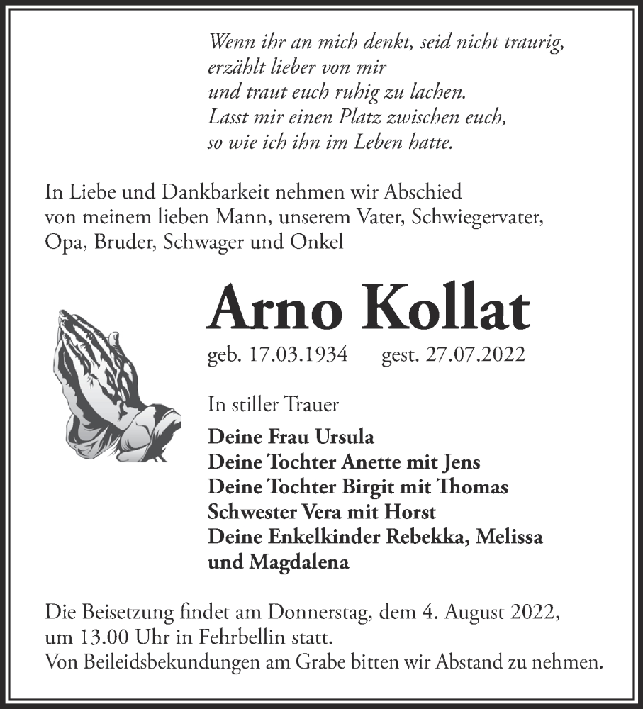  Traueranzeige für Arno Kollat vom 30.07.2022 aus Märkische Oderzeitung