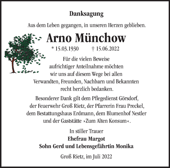 Traueranzeige von Arno Münchow von Märkische Oderzeitung