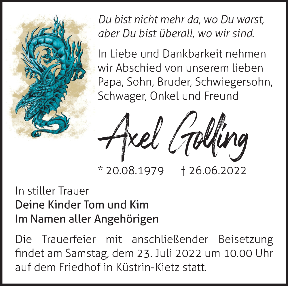  Traueranzeige für Axel Golling vom 09.07.2022 aus Märkische Oderzeitung