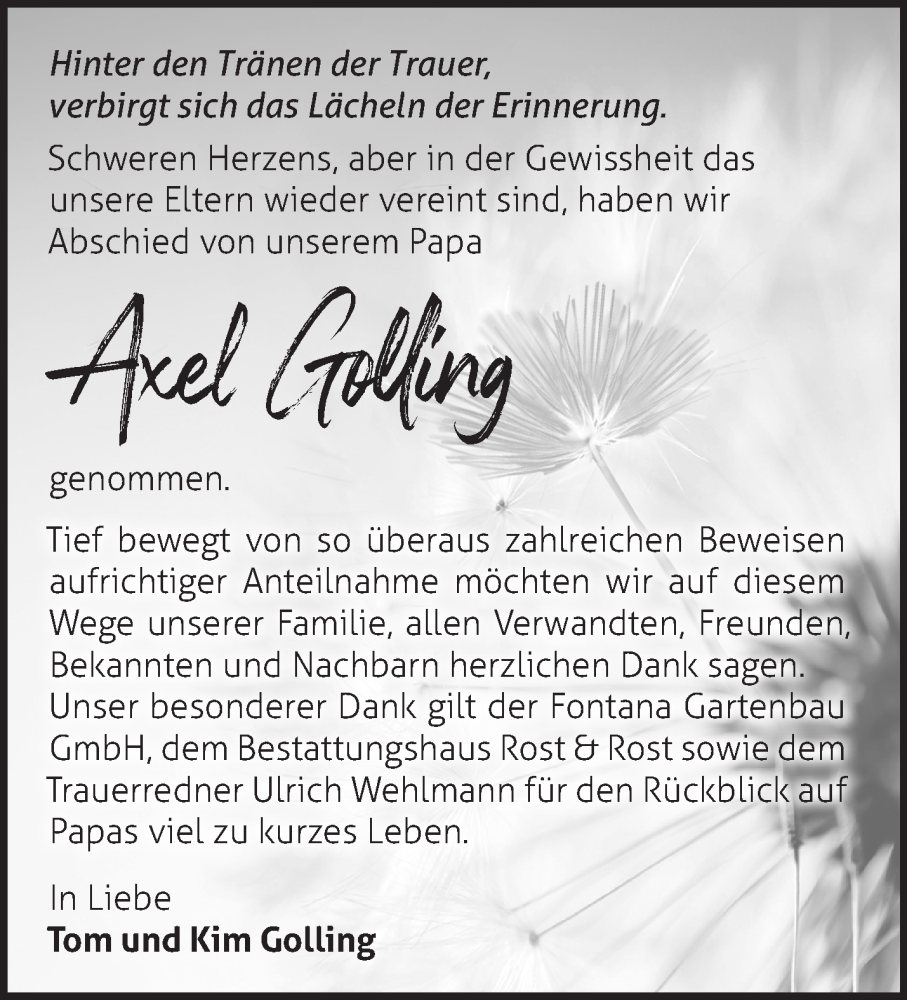  Traueranzeige für Axel Golling vom 30.07.2022 aus Märkische Oderzeitung