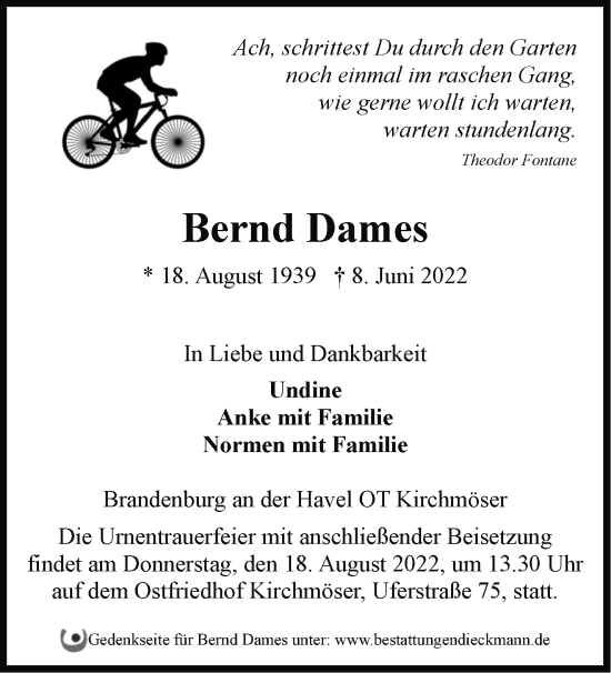 Traueranzeige von Bernd Dames von Märkische Oderzeitung