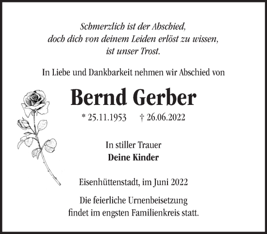 Traueranzeige von Bernd Gerber von Märkische Oderzeitung