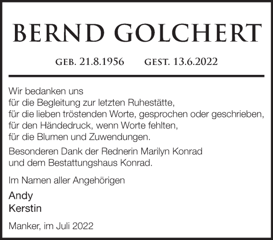 Traueranzeige von Bernd Golchert von Märkische Oderzeitung