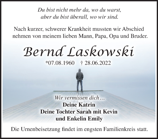 Traueranzeige von Berno Laskowski von Märkische Oderzeitung