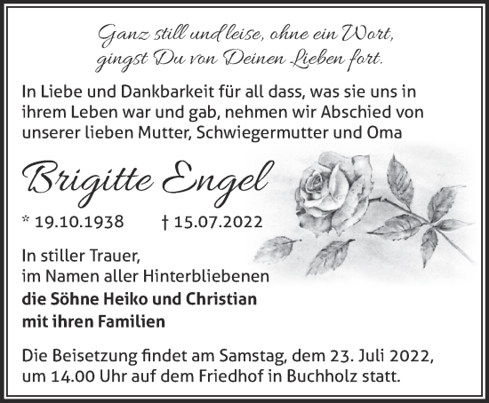 Traueranzeige von Brigitte Engel von Märkische Oderzeitung