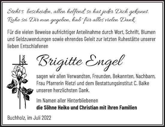 Traueranzeige von Brigitte Engel von Märkische Oderzeitung