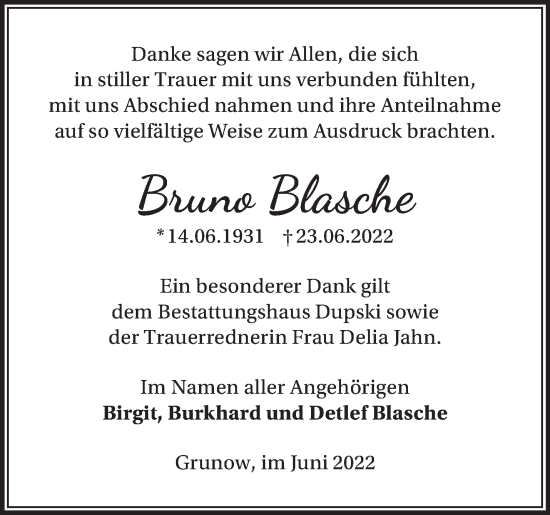 Traueranzeige von Bruno Blasche von Märkische Oderzeitung